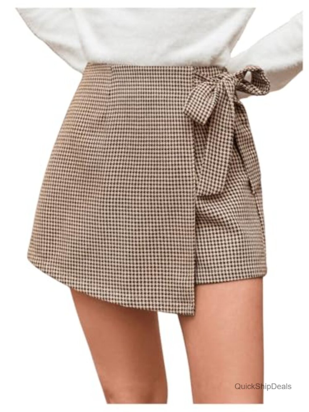 Houndstooth Wrap Skort High Waisted Dressy Casual Shorts Asymmetrical Hem